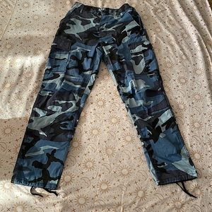 Blue Camo Cargo Pants, Adjustable Waist Band, Small Regular